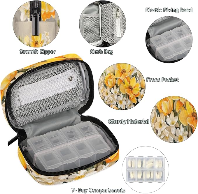 Yellow White Spring Flowers Travel Pill Organizer Box Weekly Portable Pill Case Daily Pills 7 Day Small Birth Control Pills Container Removable Compartments for Medicine Vitamins Fish Oil