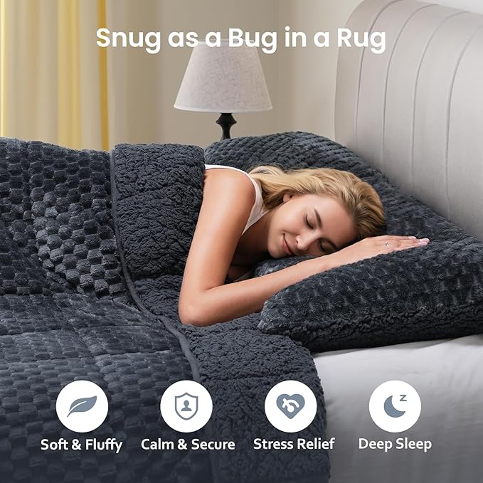 Drewin Weighted Blanket Queen Size 20lbs, Soft Cozy Jacquard Sherpa Weighted Blanket for Adults, 60 x 80 inches Bed Blanket for Sleeping, Cozy Fluffy Knitted Heavy Blanket, Grey Blue