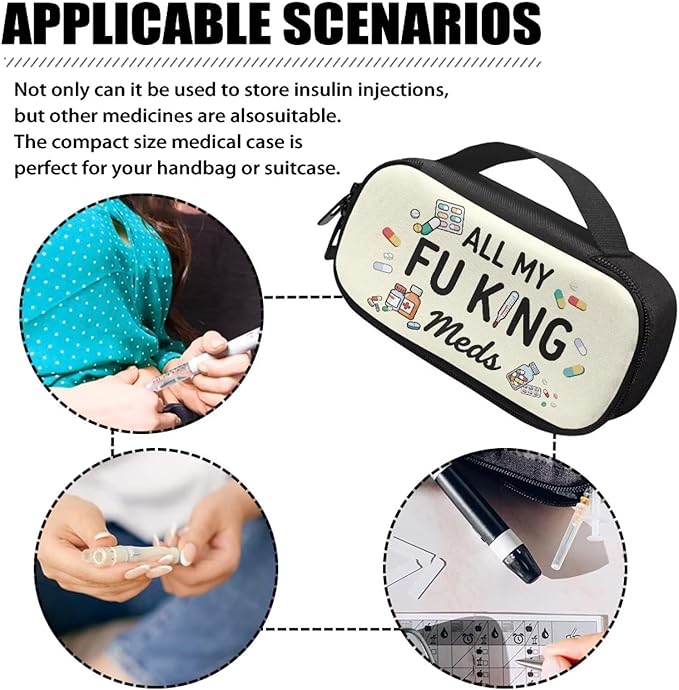 Rnyleeg All My Fuking Meds Diabetic Bag Beige Glucose Meter Case Insulin Bags for Women Diabetic Care for Home Portable Insulin Travel Case with Durable Handle