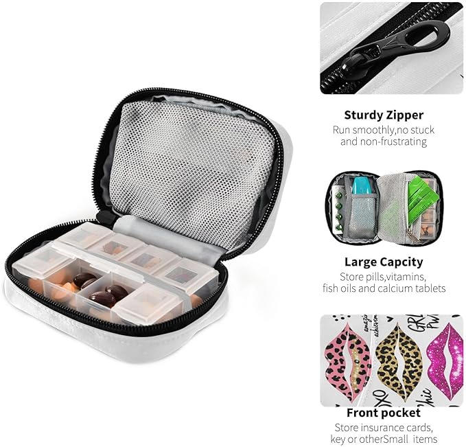Glitter Leopard Lips Pill Organizer Case 7 Day Sexy Lips Shimmer Travel Pill Box with Zipper Portable Weekly Vitamin Medicine Supplement Holder Pouch Bag
