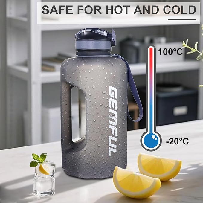 GEMFUL 74oz Motivational Water Bottle with Straw & Time Marker BPA-Free Large Water Jug for Gym Fitness Sports Leakproof with Handle (Grey)