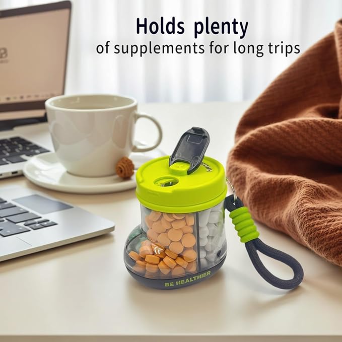 Cute Pill Dispenser，Portable Pill Bottle Organizer with 4 Compartments，Travel Pill Organizer with Anti-Mixing & Wide Openings Design(Green)