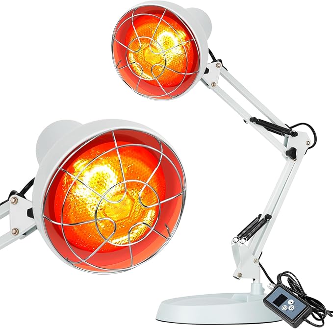 Profey Infrared Red Light Therapy with Timer, Heat Lamp Device with 150W Bulb, Adjustable Near Infrared Light Heat Lamp Set for Body Neck Shoulder Joints Back Pain Relief, for Home & Office (White)