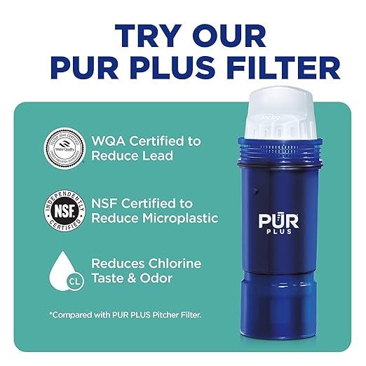 PUR 30-Cup Countertop Water Filter Dispenser, 1 Genuine PUR Filter, 2-in-1 Powerful Filtration, Lasts 2 Months or 40 Gallons, Dishwasher Safe, White/Blue (DS1800Z)