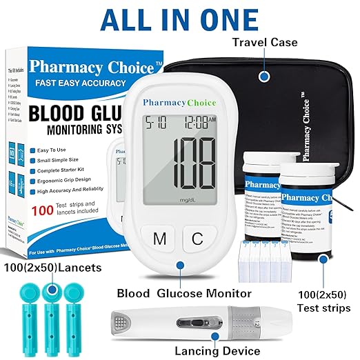 Blood Glucose Monitor Kit, 100 Glucometer Strips，1 Blood Glucose Meter, 1 Lancing Device, Diabetes Testing Kit，Glucometer for Home Use