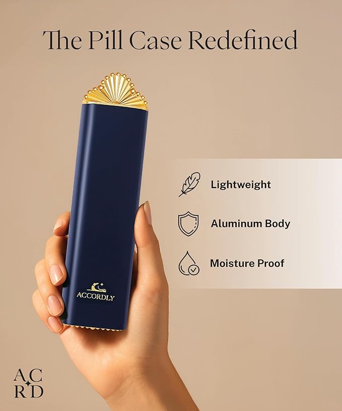 7 Day Metal Pill Organizer, Luxury Pill Compact, Travel Pill Case for Purse, Elegant Fancy Gold Pill Case for Vitamins, Medicine, Supplements, Luxury Wellness Gift - Navy
