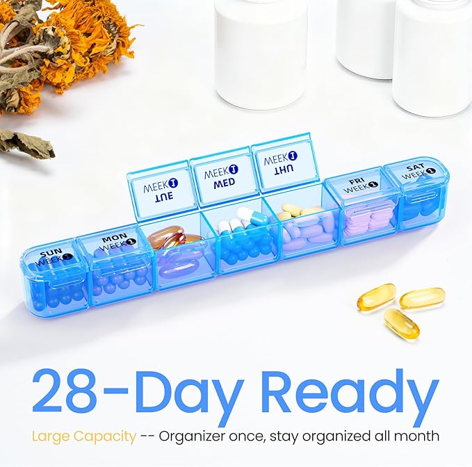 Betife Monthly Pill Organizer 1 Time a Day, 4 Weekly Pill Box Organizer Once a Day, 30 Day Large Pill Case for Travel, 31 Day Daily Medcine Container for Vitamins, Supplement & Medication (Blue)