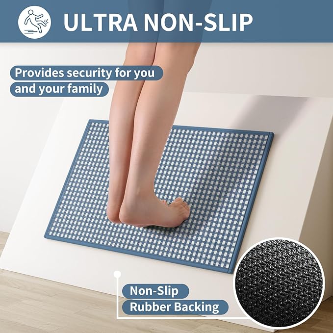 Long Kitchen Runner Rugs Kitchen Mat Non Slip Washable, Super Absorbent Soft Chenille Braided Kitchen Mats for Floor, Rubber Backing Kitchen Floor Sink Standing Mat, Easy Clean, Blue 17"x71"