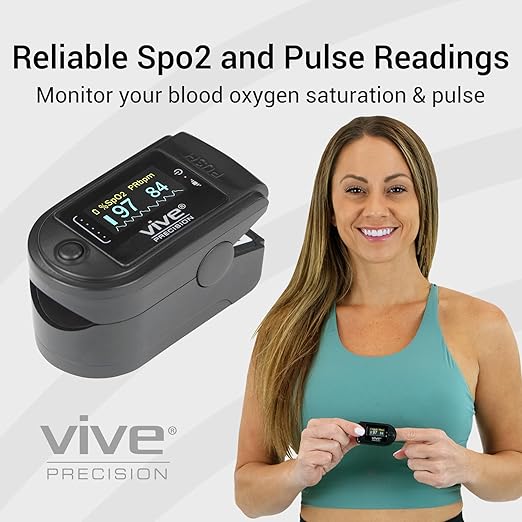 Vive Precision Pulse Oximeter - Oxygen Monitor Fingertip, Heart Rate Medical Grade Sensor LED Display - Accurate Finger Meter for Saturation SpO2, Lanyard & Batteries Included