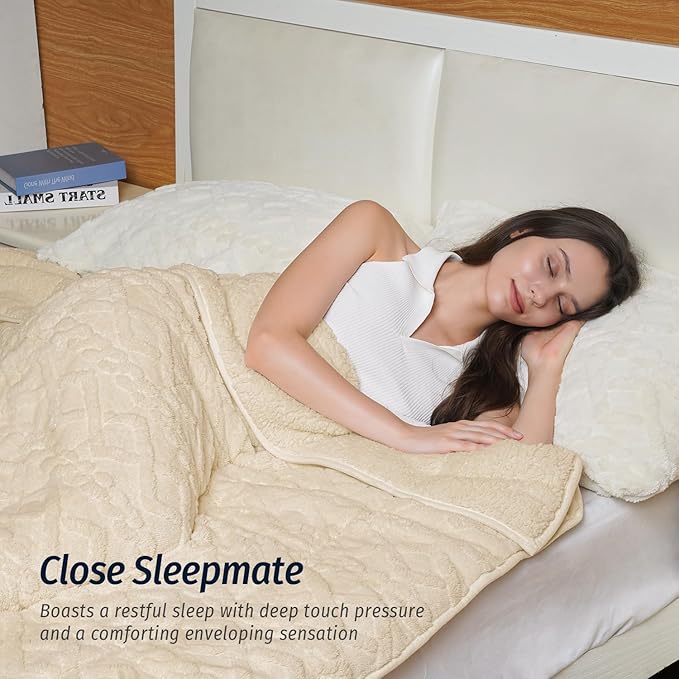 Wemore Weighted Blanket for Adults Twin Size 20 lbs, Dual Sided Soft Fuzzy Jacquard Sherpa Weighted Blankets for Sleeping, Cozy Fluffy Knitted Heavy Blanket for Couch Bed, Khaki, 60 x 80 inches