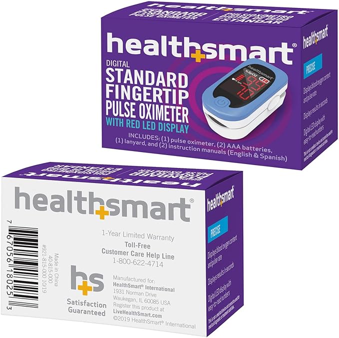 HealthSmart Pulse Oximeter for Fingertip, Displays Blood Oxygen Saturation & Pulse Rate, Accurate & Reliable, Batteries & Lanyard Included