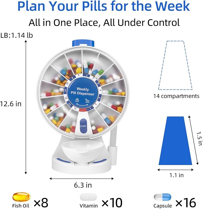 JULOS 14 Days Pill Organizer with Wall-Mounted or Standing Use for Elderly, Daily Large Pill Box with Easy Press Button, Pill Organizer for Medicine, Vitamin or Supplements, Blue