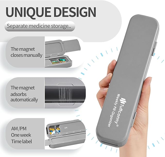 Weekly Pill Organizer - Travel Medicine Organizer, Pill Boxes and Organizer 2 Times a Day, 7 Day Pretty Pill Case, Pill Holder for Vitamins, Medicines and Tablets (Elegant Gray)