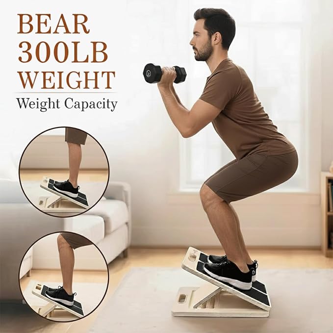 Slant Board for Calf Stretching with Resistance Band, Fitness Ball & Training Poster, 300 lbs Adjustable Wooden Incline Board, Portable Calf Stretcher for Physical Therapy Equipment & Leg Training