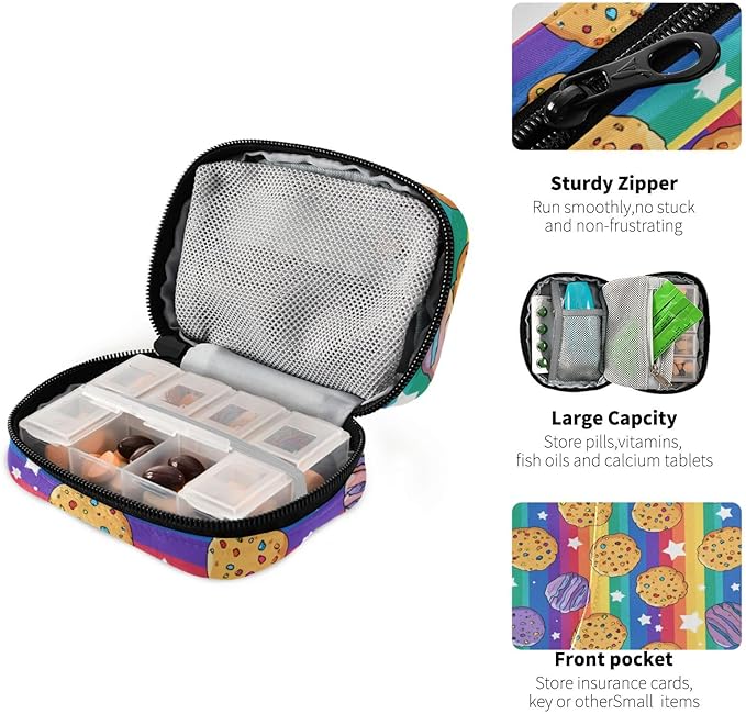 Rainbow Stripes Cookies Stars Travel Pill Organizer Case Box Container Weekly Portable Vitamin Medicine Holder Storage Bag with Zipper Removable