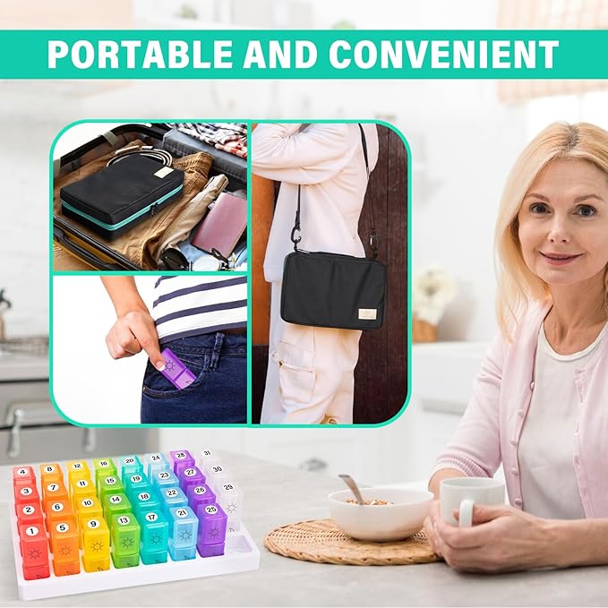 Monthly Pill Organizer 2 Times a Day, 31 Day Pill Box AM PM with Pill Cutter & Travel Bag, Portable Soft One Month Pill Box Cases with Weekly Stickers, Convenient Medication & Vitamins Tracking