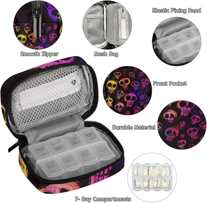 Skulls Halloween Pill Case Weekly Medicine Organizer with Travel Bag Seven-Day Pill Box Vitamin Supplement Box Fish Oil Pills Holder