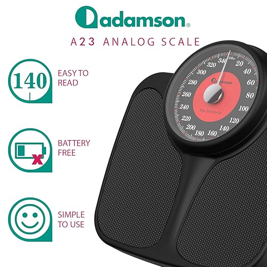Adamson A23 Scales for Body Weight - Up to 350 LB - New Version - Anti-Skid Rubber Surface Extra Large Numbers - High Precision Bathroom Scale Analog - Durable with 20-Year Assurance