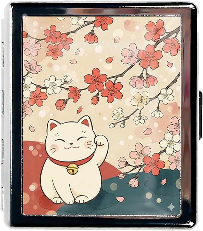 Metal 7 Day Pill Organizer, Weekly Pill Case with 8 Compartments, Travel Pill Box for Purse & Pocket, Small Medicine & Vitamin Organizer with PP Dividers (Sakura Lucky Cat)