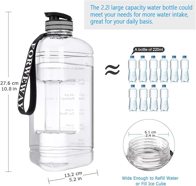 Half Gallon Water Bottle with Handle 2.2L/74OZ Large Plastic Water Bottles BPA Free Water Bottles with Strap Portable with Time Marker for Camping, Hiking and Home Activity