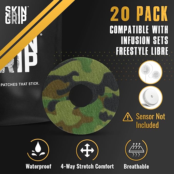 Skin Grip Universal Adhesive Patches for CGM and Insulin Pumps with Cutout (20-Pack), 0.8-Inch Hole, Waterproof & Sweatproof for 10-14 Days, Glucose Monitor Patch, Diabetic Sensor Cover, Camo