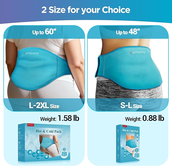 Comfytemp Extra Large Ice Pack for Back Pain Relief, 2 Pcs, Sciatica Ease Brace, Reusable Gel Lower Back Ice Wrap for Injury, Hot Cold Compress for Lower Lumbar, Waist, Men Women After Surgery (Blue)