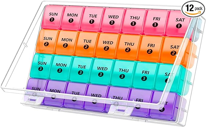 Extra Large Monthly Pill Organizer - 7-Day Color Once-A-Day Pill Dispenser w/ 4 Weekly Pill Containers for 28 Days - BPA-Free Dust-Proof Case XL Medicine Organizer Box for Pills, Tablets, Supplements