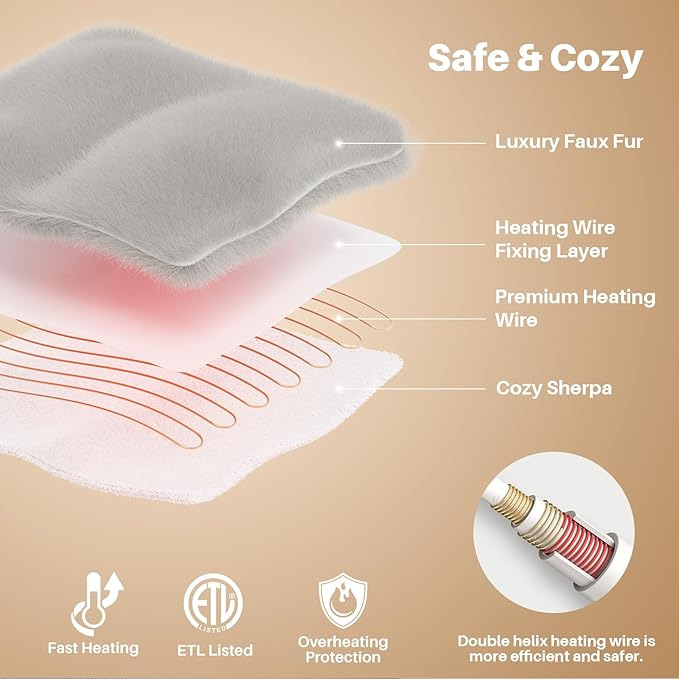 Electric Foot Warmer, Luxury Faux Fur Heating Pad for Feet Pain Relief Cramp, Heated Foot Warmer for Under Desk & Bed with 3 Heat Settings & 2H Auto-Off, ETL Certified, 20x22 Inch, Light Grey
