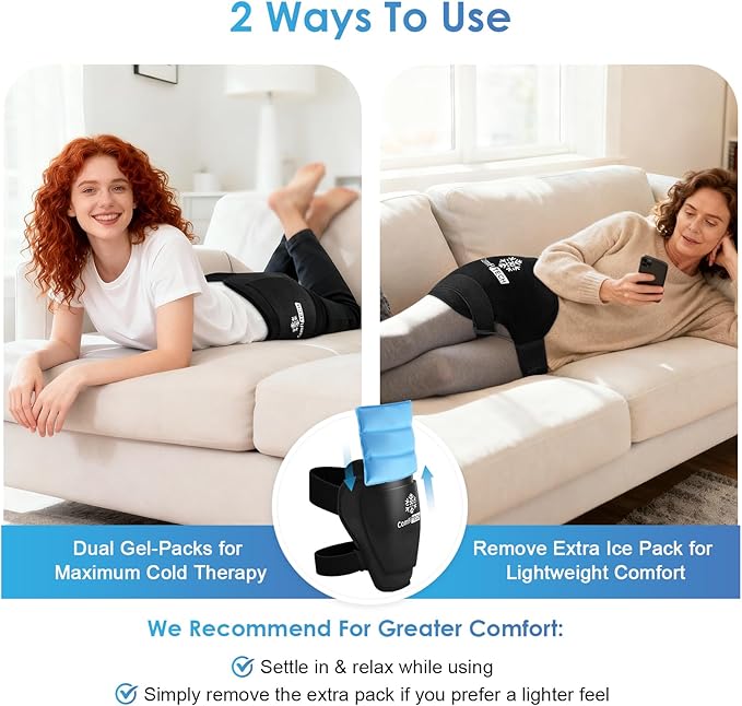 ComfiTECH Dual-Gel XL Hip Ice Pack Wrap with Extended 30-Minute Cooling, Detachable Reusable Cold Pack & Flexible Gel Ice Wrap for Hip Replacement Recovery, Sciatic Nerve, Hip Flexor Discomfort