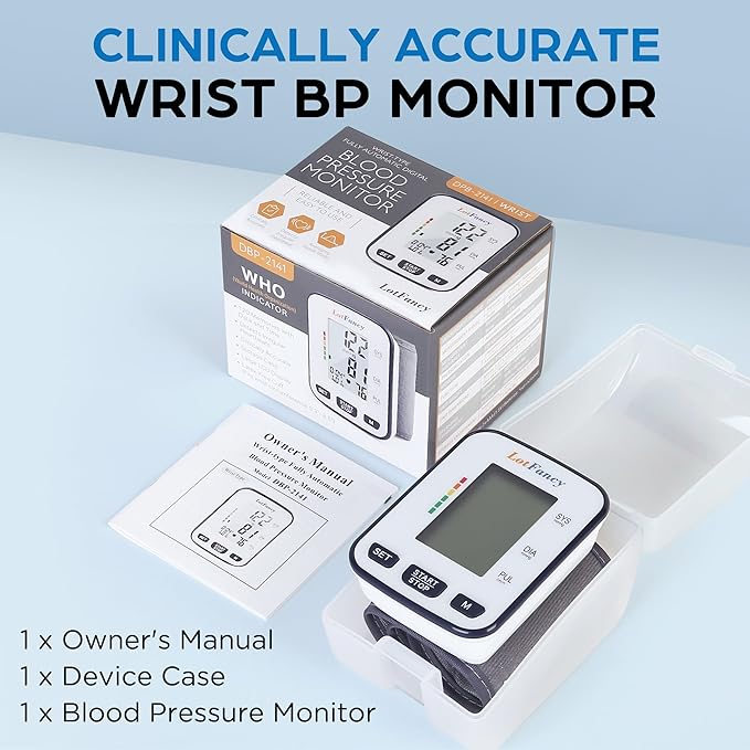LotFancy Wrist Blood Pressure Monitor for Home Use, Automatic Blood Pressure Machine Adjustable Wrist Cuff 5.3”-8.5” Digital BP Machine with LCD Display, 120 Memory, 2 User, with Carrying Case