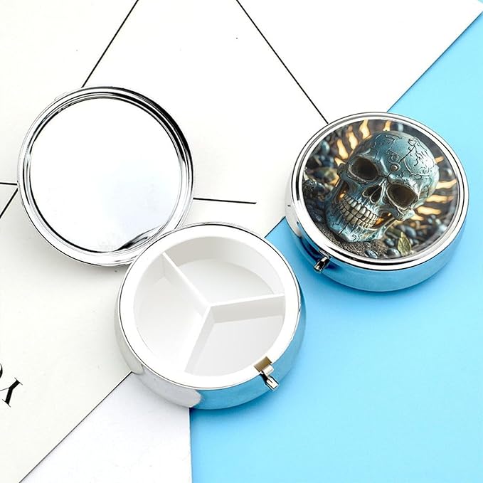 Cool Evil Skull Pill Box Travel Pill Case for Purse Pocket Weekly Medicine Organizer with Mirror 3 Compartment Round Medicine Case Portable PillcaseHolder for Daily