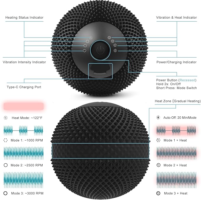 Vibrating Massage Ball with Heat, 7 Modes, Memory Function, Myofascial Release, Deep Tissue Muscle Recovery Ball for Trigger Point Massage - Mobility Ball Back & Hip Release Tool (Black)