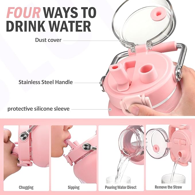 BLUEGO 100 oz Glass Water Bottle with Straw, Huge 3 Liter Water Bottle with Sturdy Handle, Glass Water Jug with Sleeve, Wide Mouth Water Container with Time Marker, Pink