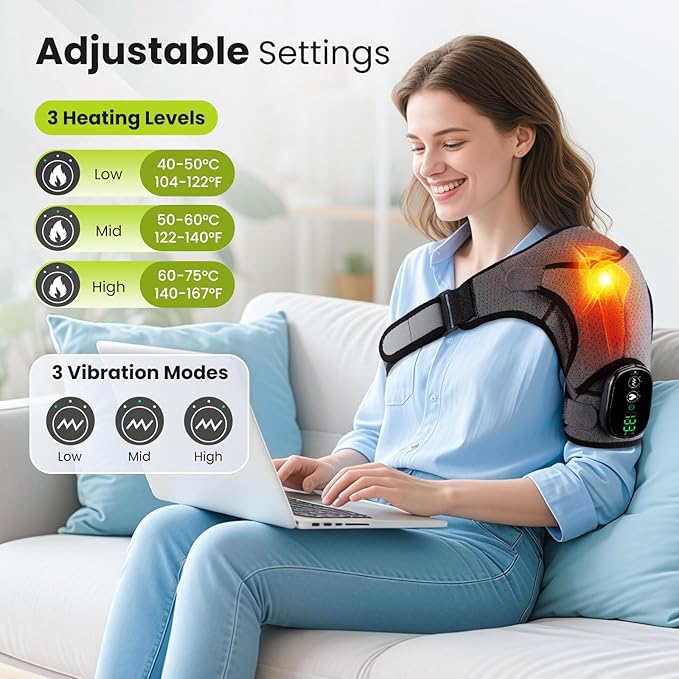 Cordless Shoulder Heating Pad with Vibration for Rotator Cuff Pain Relief, Arm Heated Massage Pad, Shoulder Support Brace with 3 Heating Levels & Vibration, Left or Right (Grey)