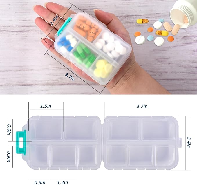 2 Pack Pill Organizer Travel Case - 10 Compartments Portable Medicine Container with 330 Labels, Double Lock Design (White & Chocolate, 2 Boxes)