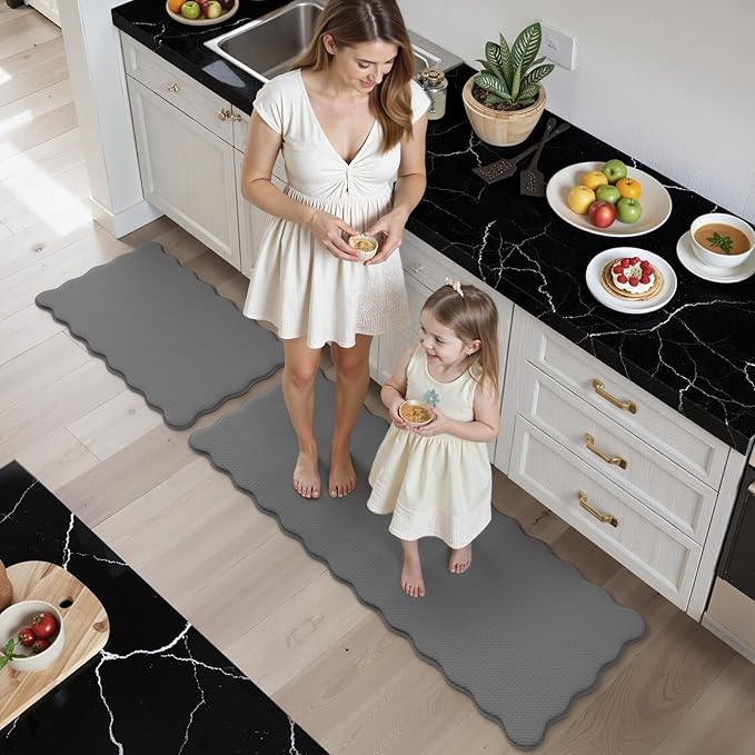 KIMODE Anti Fatigue Kitchen Mats for Kitchen Floor,Scalloped Kitchen Rugs Sets of 2 Non Slip,Cushioned Padded Memory Foam Kitchen Floor Mat Carpet for Office Laundry Sink,Grey