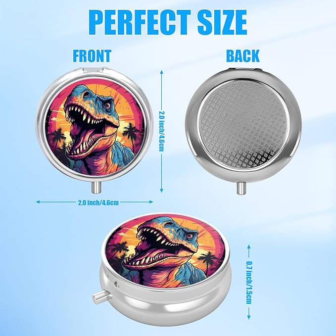 Pill Box, 3 Compartments Small Pill Case Travel Portable Metal Medicine Box with Mirror Mini Container for Purse Pocket Women Men（Cool Dinosaur）