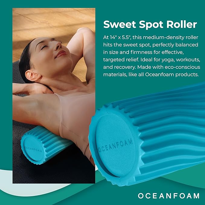Oceanfoam Sweet Spot Medium Exercise Foam Roller 14"x5.5" – Medium Density Travel Foam Roller for Physical Therapy, Deep Tissue Massage, Yoga, Pilates, Classic Exclusive Wave Texture (Miami Blue)