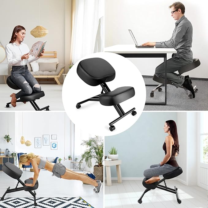 Kneeling Chair Ergonomic for Office, Height Adjustable Stool for Home and Office - Improve Your Posture with an Angled Seat - Thick Moulded Foam Cushions - Brake and Smooth Gliding Casters