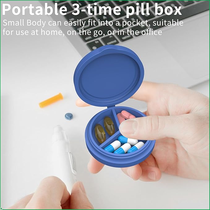 2 Pack Small Pill Box,Premium Thick Silicone 3 Compartment Travel Pill Box for Home/Desk Organizer, Portable Compact Medicine Holder for Vitamin, Cod Liver Oil, Supplement(Purple+Blue)