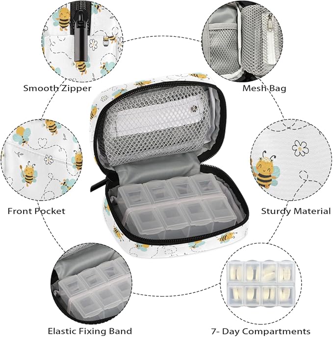 Bee Decoration Cute Flowers Pill Case Everyday Travel, 7 Day Weekly Medicine Pill Box Compact Portable Pills Bottle Organizer with Zipper for Daily Vitamin Medicine Holder Bottle Organizers Bag