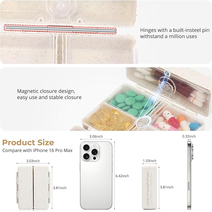 Zentiky Small Daily Pill Organizer with Labels, Medicine Pill Organizer Fit with Your Purse or Pocket for Travel to Hold Vitamin, Fish Oil, Supplement,Cotton Swabs, Bandages or Jewelry-Beige