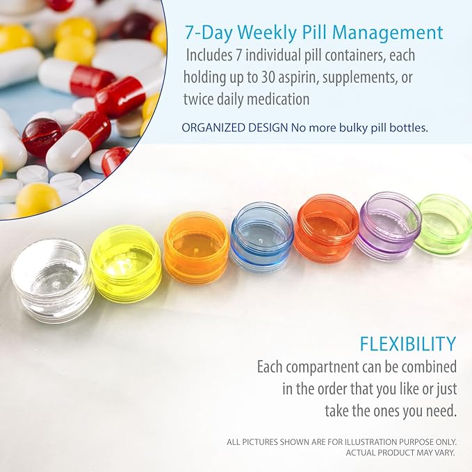 Deke Home - Stackable Pill Organizer (2 Pack), 7 Day Weekly Pill Box Tower with Twist Lock Compartments, BPA-Free, Travel Medicine Holder & Vitamin Dispenser, Compact & Portable Case, Rainbow Colored