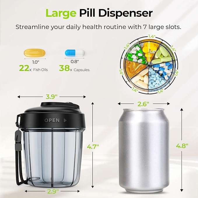 AUVON Large Pill Dispenser Can Store 7 Various Supplements, Travel Pill Organizer Bottle with Anti-Mix Design, Arthritis-friendly Pill Holder with Wide Opening & Slider Lid, Includes 20 Blank Stickers