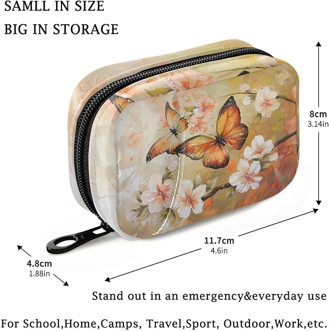 Fustylead Flying Butterflies and Cherry Flower Oil Painting Pill Organizer Travel Bag, Small Portable Pill Case Cute for Vitamin Fish Oil Supplements Medicine Organizer with Zipper