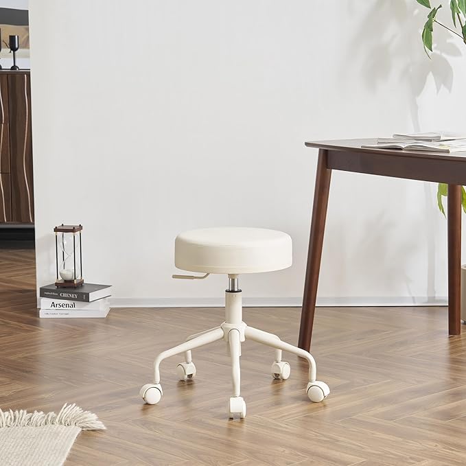 Adjustable Height Hydraulic Rolling Swivel Stool Chair with Metal Base and Faux Leather Cushion for Salon, Medical, Office and Home, 503 Kai Series - Round Seat, Vanilla