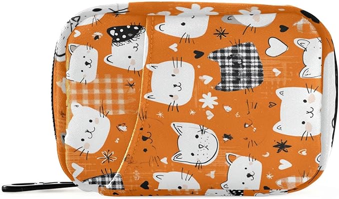 Checkered Orange Kittens Hearts Travel Pill Organizer Case Box Container Weekly Portable Vitamin Medicine Holder Storage Bag with Zipper Removable