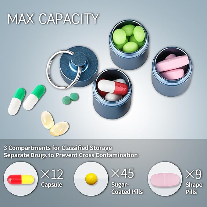 Pill Box Keychain, Aluminum Alloy, Waterproof Compact Pill Organizer for Emergency Pills & Vitamins, Portable Keyring Necklace Holder, Travel Hiking Essentials, 3 Compartments, Blue