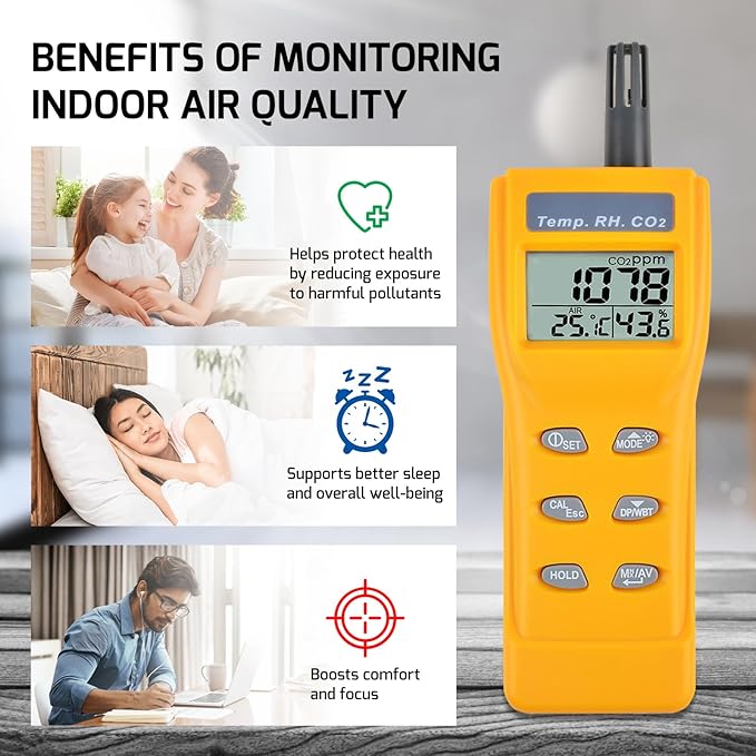 CO2 Meter Portable CO2 Detector Digital CO2 Monitor with Alarm Function Carbon Dioxide Temperature and Humidity Meter, NDIR CO2 Sensor Indoor Air Quality Monitor for Home Office Grow Room