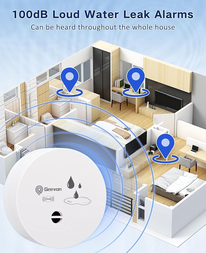 Geevon 4 Pack Water Leak Detectors, 100dB Water Sensor Alarms Flood Detector for Basements, Bathrooms, Laundry Rooms, Kitchens, Garages, and Attics, Water Alarms Battery-Operated (Battery Included)